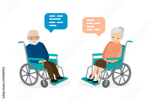 Two happy old people on wheelchair,couple of elderly characters talking