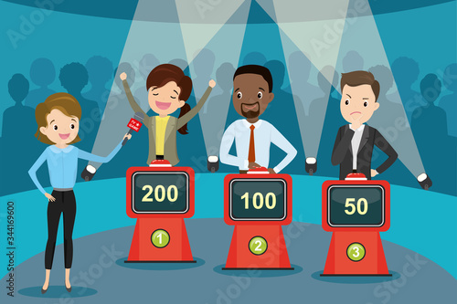 Cartoon people guessing quiz questions,intellectual game show with female showman,t