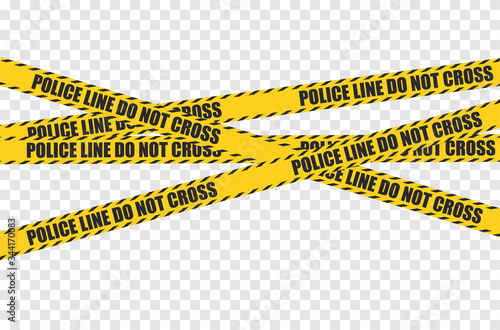Vector crossed black and yellow police stripe border. Set of danger caution seamless tapes. Art design crime line for restriction and dangerous zones.