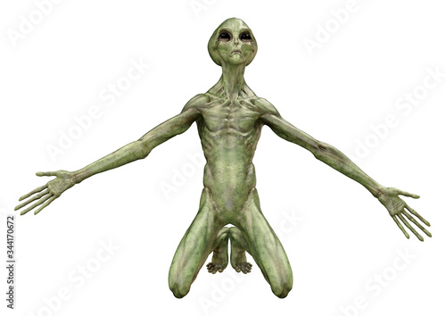 3D Rendering Green Alien on White