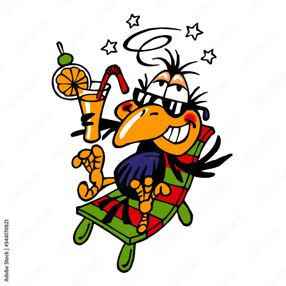 Raven relaxes on a beach chair with a mixed drink and sunglasses, holiday atmosphere, crow mascot color cartoon