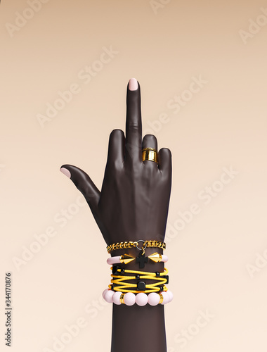 Fototapeta Fuck you hand sign. Bad girl gesture with gold wrist bracelets and finger rings isolated, creative art protest banner, fashion hipster accessories, 3d rendering