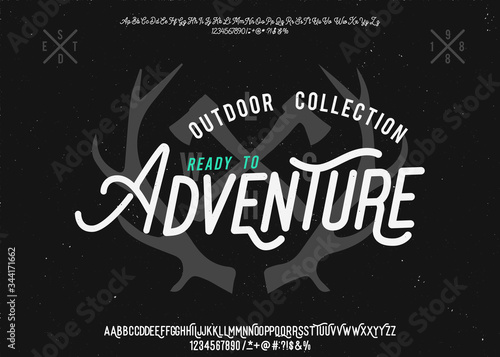 Adventure. Original font and logo. Print on shirt or sticker. Retro and vintage style. Classic print. Hipster style. Vector font.