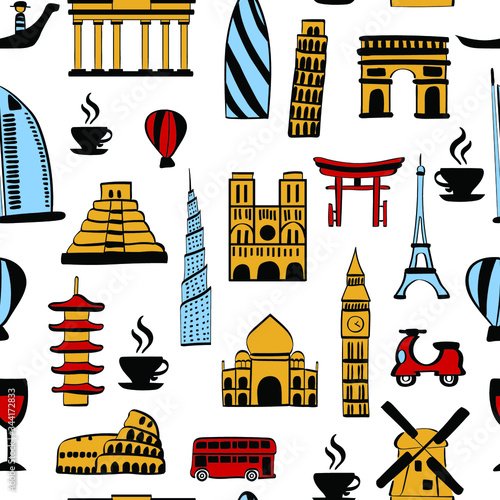 Architecture, travel, tourism fashion vector seamless pattern. Concept for wallpaper, wapping paper, cards 
