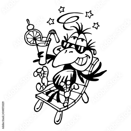 Raven relaxes on a beach chair with a mixed drink and sunglasses, holiday atmosphere, crow mascot black and white cartoon