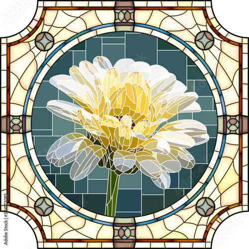 Vector mosaic with blooming white calendula flowers in a round stained glass frame.