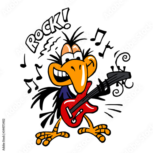 Raven rocker playing electric guitar, flying music notes and text rock, crow mascot color cartoon