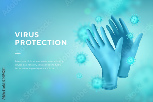 Realistic medical latex gloves and virus background. Details 3d medical gloves, modern 3D design concept of marketing for banner and website, landing page template. Vector illustration.