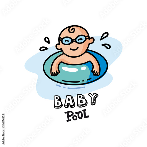 Icon Vector flat illustration of baby in swimming goggles swims in the sea. Healthy and cheerful child in the inflatable circle. Logo Summer print for the children's swimming pool 