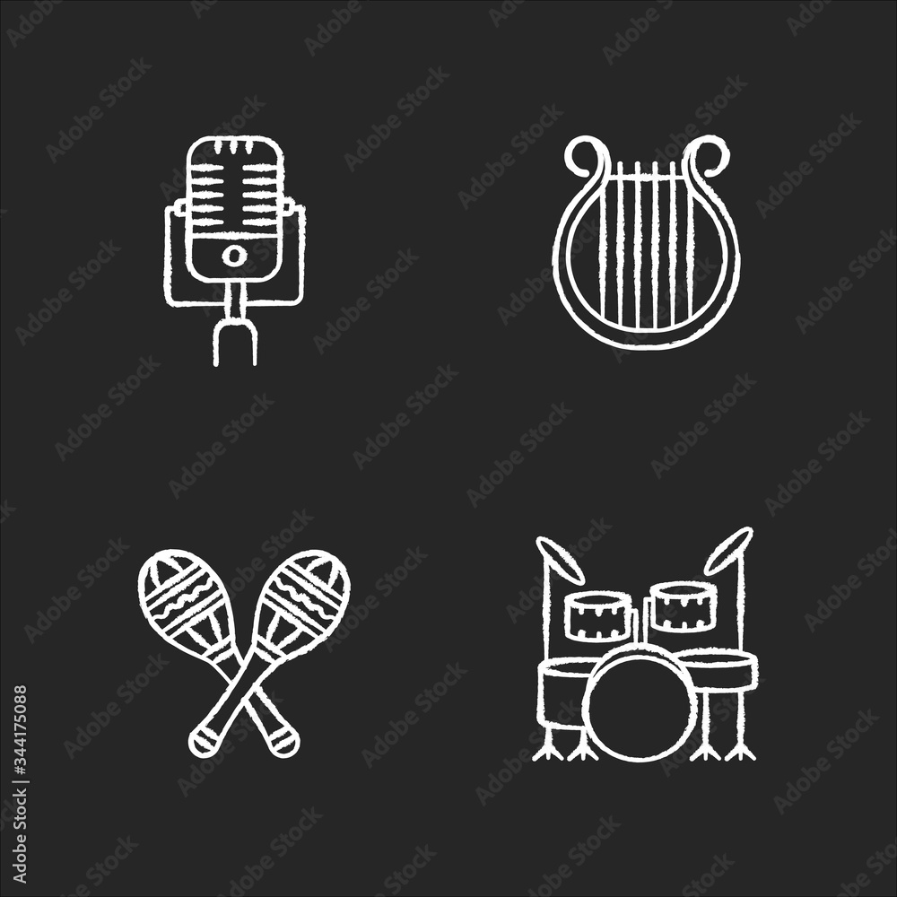 Band musical instruments chalk white icons set on black background. Vintage microphone. Greek lyra. Crossed maracas. Drum kit to play beats. Isolated vector chalkboard illustrations