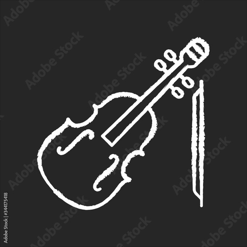 Violin chalk white icon on black background. Orchestral musical instrument. Classical music performance. Fiddle symphony concert. Compose folk tune. Isolated vector chalkboard illustration