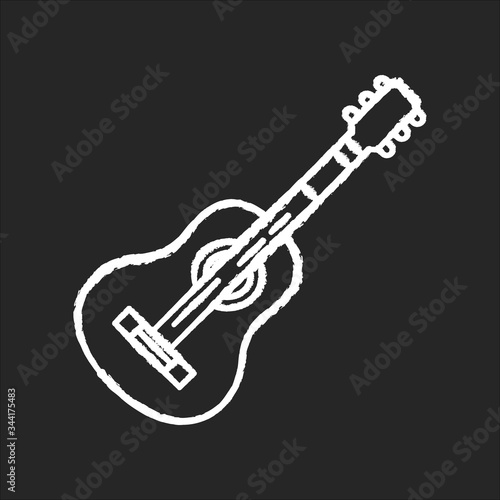 Acoustic guitar chalk white icon on black background. Classical string musical instrument. Rock music festival. Live pop band performance. Perform song. Isolated vector chalkboard illustration
