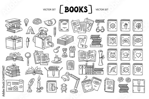 Vector cartoon set on the theme of literature and books. Isolated doodles on white background. Line art
