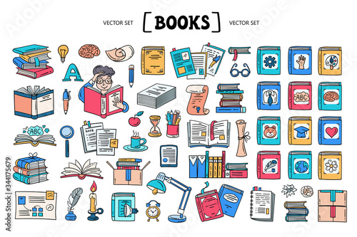 Vector cartoon set on the theme of literature and books. Isolated colorful doodles on white background. Line art