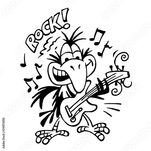 Raven rocker playing electric guitar, flying music notes and text rock, crow mascot black and white cartoon