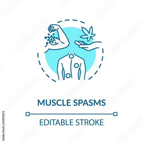Muscle spasms concept icon. Medical marijuana, good MMJ side effect idea thin line illustration. Body cramps, pain treatment with cabbanis. Vector isolated outline RGB color drawing. Editable stroke