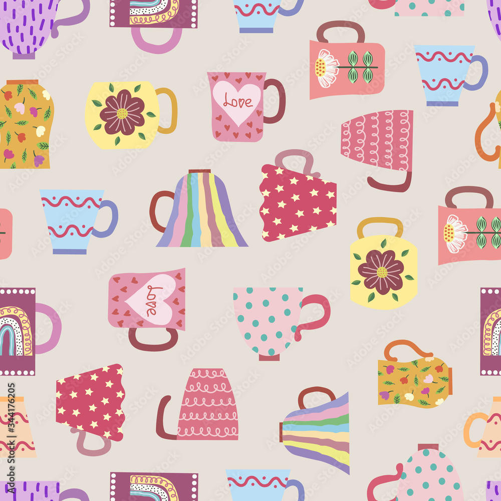Vector seamless pattern of vintage mugs. Hand-drawn with a naive Scandinavian style. Pastel colors, pink, blue, gray. For design of surfaces, prints, wrapping paper, fabric
