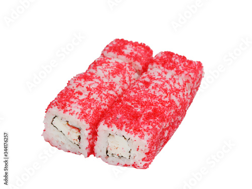 Sushi rolls with caviar on a white background, close-up