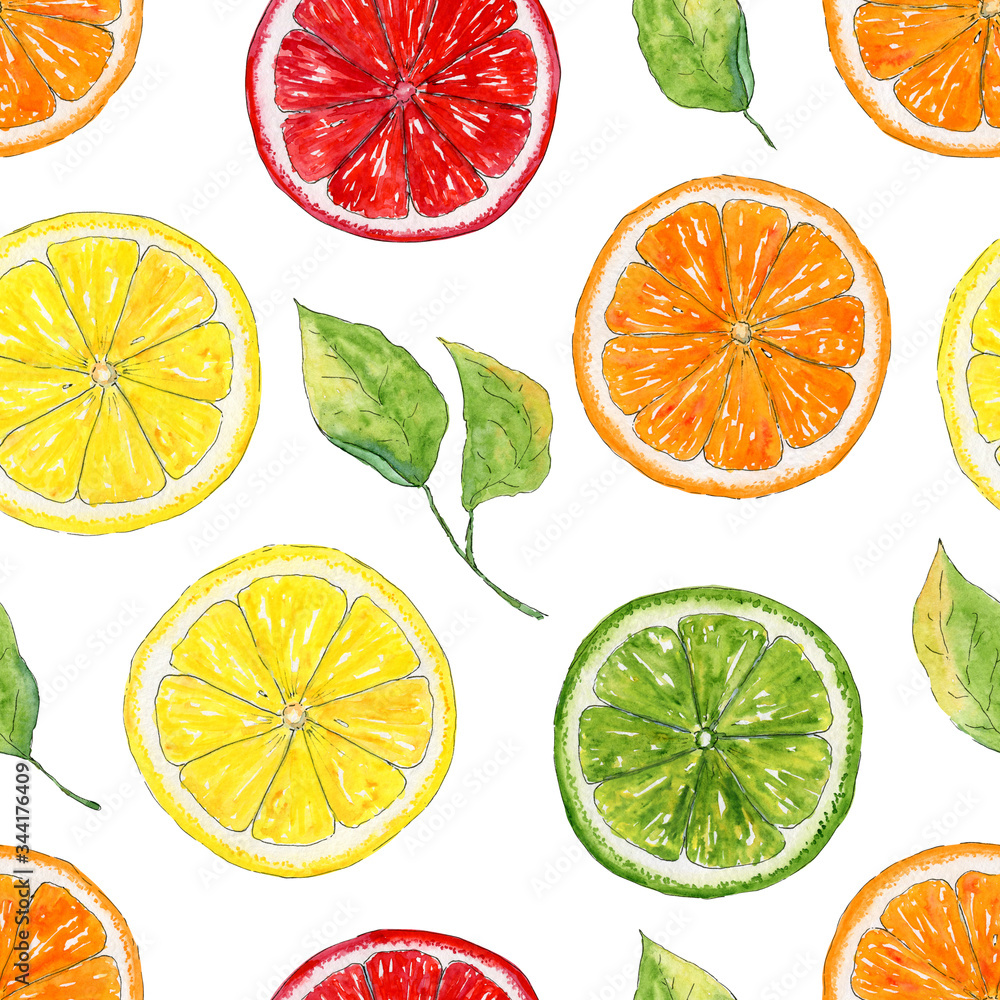 Seamless pattern with watercolor ripe fruits, citrus. Bright summer orange, lemon, lime, grapefruit, leaves for holiday and party, birthday postcard, greeting card, background. Hand drawn illustration Seamless pattern with watercolor ripe fruits, citrus. Bright summer orange, lemon, lime, grapefruit, leaves for holiday and party, birthday postcard, greeting card, background. Hand drawn illustration