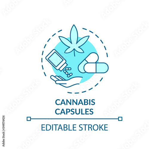 Cannabis capsule concept icon. Medical marijuana, MMJ treatment idea thin line illustration. Capsule pills with cannabinoids prescription. Vector isolated outline RGB color drawing. Editable stroke