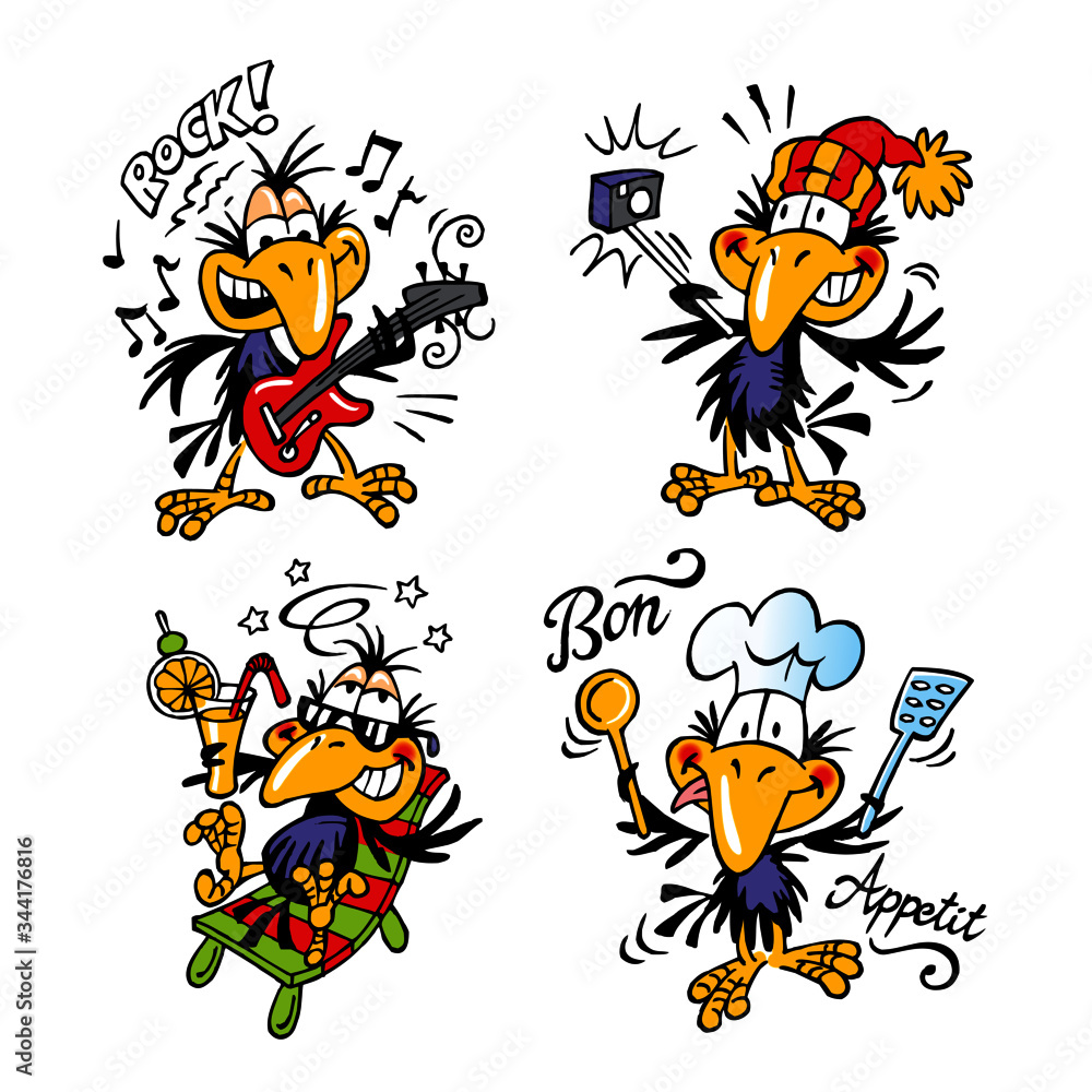 Raven rocker, selfie photographer, relaxing on the beach, chef with hat and cook, crow mascot set of color cartoon Raven rocker, selfie photographer, relaxing on the beach, chef with hat and cook, crow mascot set of color cartoon