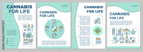 Cannabis for life brochure template. Hemp products, medical marijuana flyer, booklet, leaflet print, cover design with linear icons. Vector layouts for magazines, annual reports, advertising posters