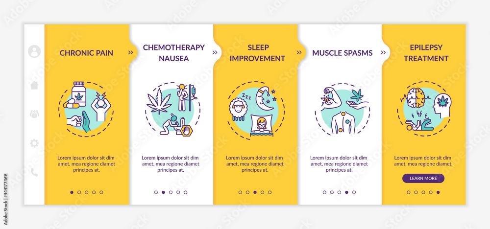 Fototapeta premium Cannabis medical use onboarding vector template. Chronic pain, epilepsy and insomnia treatment. Responsive mobile website with icons. Webpage walkthrough step screens. RGB color concept