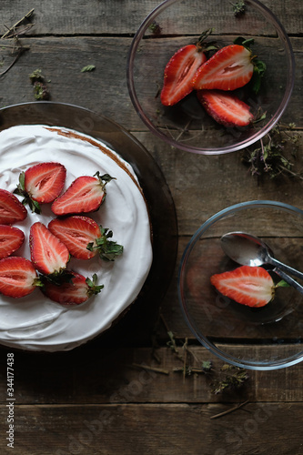 strawberry cake on wood backroung  photo