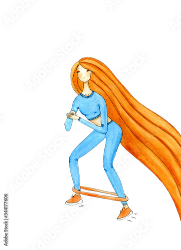 Illustration of cartoon girl sport training at home on a white background. 
