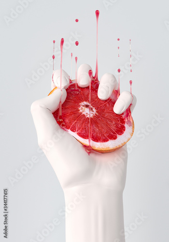 Hand squeezing citrus fruit and drip up of juice, grapefruit slice. Summer mood food art 3d illustration. photo