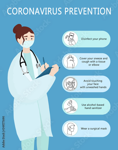 Vertical poster showing measures to prevent coronavirus infection. Female doctor in mask talks about rules of prevention covid-19. Infographics for hospitals, public places. Vector flat illustration.