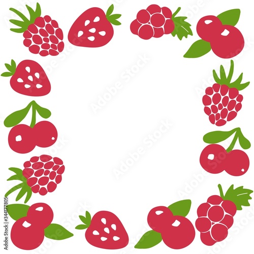Hand drawn berry frame. Berry icon and strawberry inscription for print and web. Vector illustration.