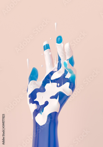Art creative abstract hand gesture graphic design, blue hand sculpture with white paint drip up drops isolated 3d rendering.