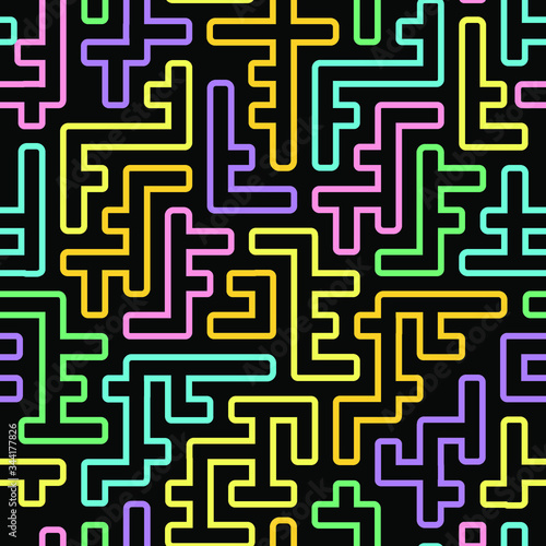 Abstract geometric pattern with maze, diagonal stripes and lines. Op art seamless background.