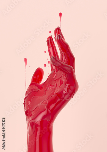 Art creative abstract hand gesture graphic design. Melting hand sculpture with drip up drops isolated 3d rendering.