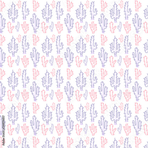 drawing of cacti in one contour line of purple and pink. seamless pattern.