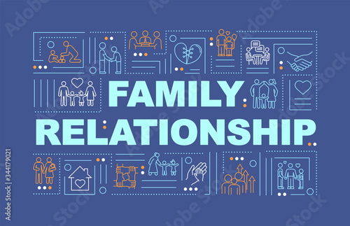 Family relations word concepts banner. Life cycles, family development stages. Infographics with linear icons on blue background. Isolated typography. Vector outline RGB color illustration