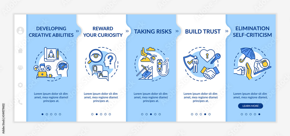 Effective leadership onboarding vector template. Build trust. Take risk. Personal growth and development. Responsive mobile website with icons. Webpage walkthrough step screens. RGB color concept
