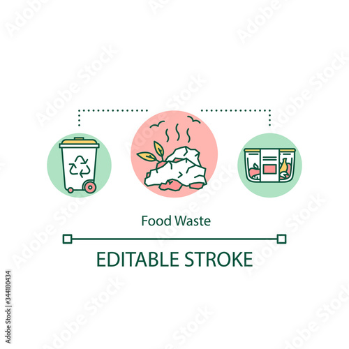 Food waste concept icon. Waste management, food spoilage idea thin line illustration. Recycling, leftovers disposal, products preservation. Vector isolated outline RGB color drawing. Editable stroke