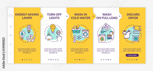 Energy saving tips onboarding vector template. Saving money on electricity economy, waste reduction. Responsive mobile website with icons. Webpage walkthrough step screens. RGB color concept