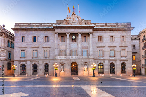 Casa de la Ciutat, City Hall of Barcelona on the Placa de Sant Jaume in The Gothic Quarter of Barcelona during morning blue hour, Spain