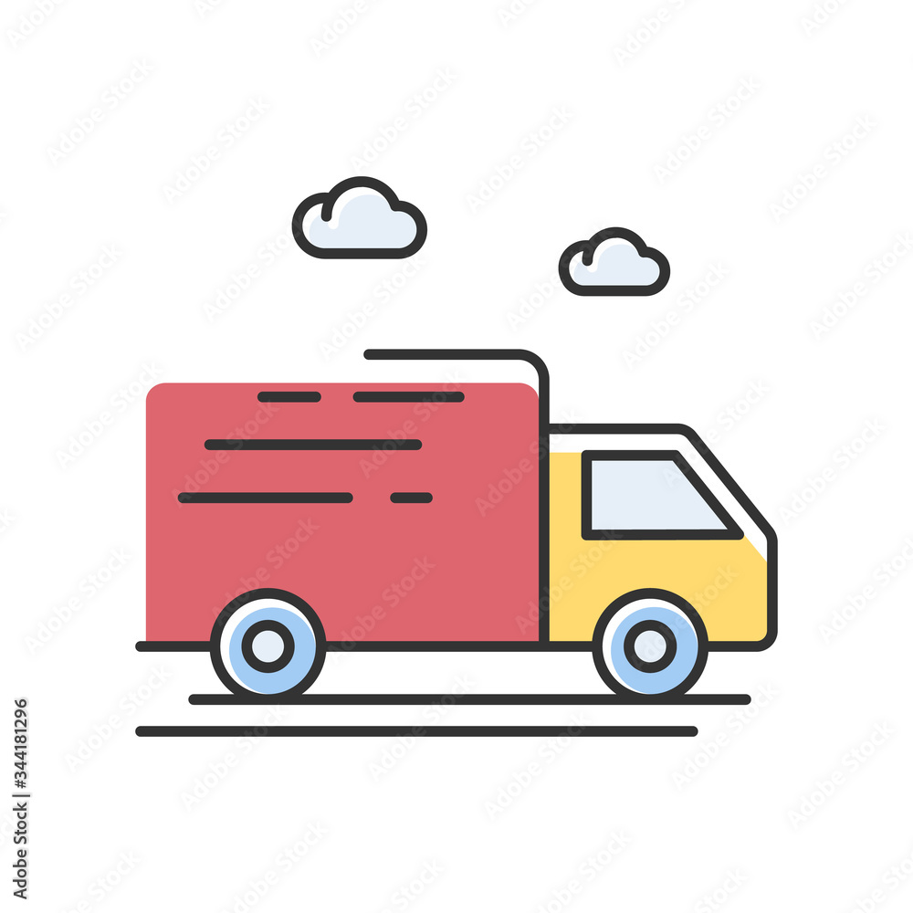 Delivery truck RGB color icon. Fast cargo shipping. Merchandise distribution. Goods and food export by transport. Courier car service. Express ground transportation. Isolated vector illustration Delivery truck RGB color icon. Fast cargo shipping. Merchandise distribution. Goods and food export by transport. Courier car service. Express ground transportation. Isolated vector illustration