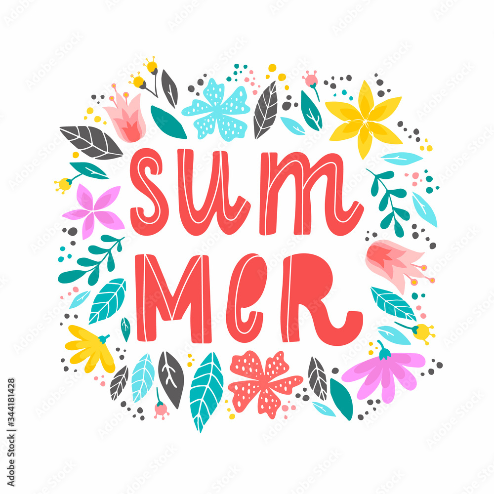 'Summer' hand lettering  quote decorated with flowers and leaves on white background. Seasonal poster, banner, print, card, logo,sign design. Festive typography inscription. 