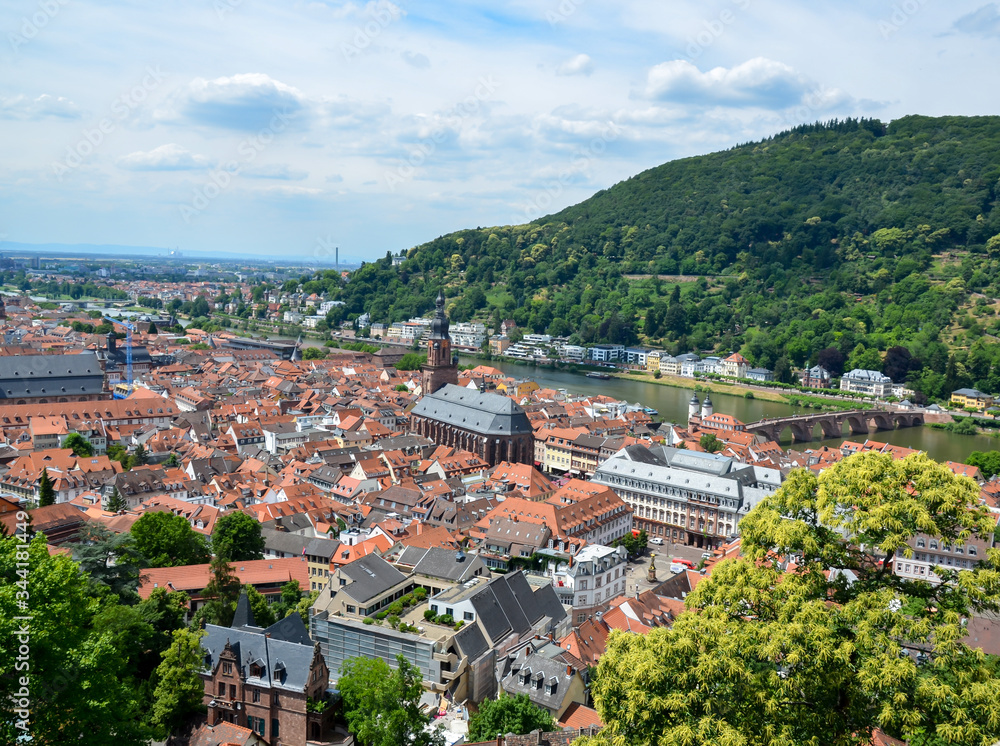 aerial view of the old town and the bridge over neckar river, heidelberg