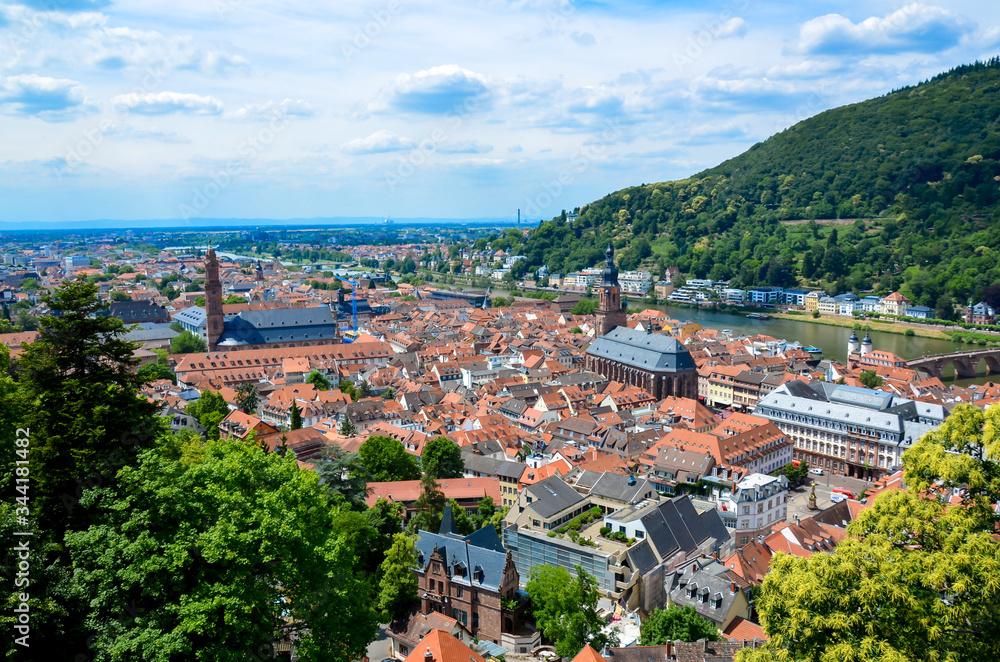 aerial view of the old town and the bridge over neckar river, heidelberg
