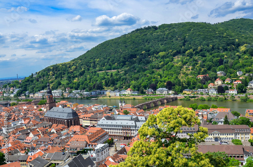 aerial view of the old town and the bridge over neckar river, heidelberg