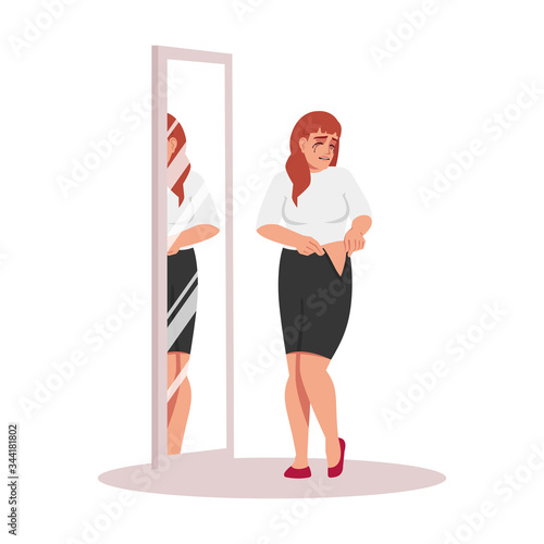 Girl not fitting in skirt semi flat RGB color vector illustration. Crying woman trying on clothing isolated cartoon character on white background. Emotional stress, depression. Overweight problem