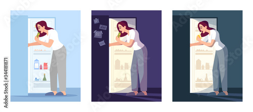 Eating lady flat vector illustrations set. Stressed woman near open fridge isolated cartoon characters kit. Emotional eating, depression. Late night snacks, unhealthy nutrition, overeating