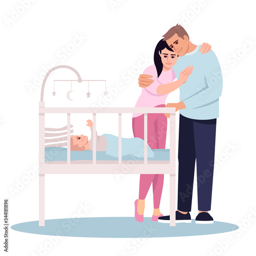 Couple with newborn child semi flat RGB color vector illustration. Happy young parents isolated cartoon character on white background. Mother and father with little baby, family happiness