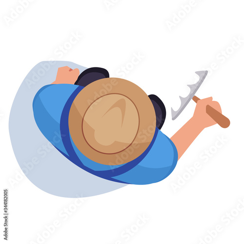 Farmer with rake semi flat RGB color vector illustration. Man stand on field. Male worker with instrument. Agronom on plantation. Gardener isolated cartoon character top view on white background photo